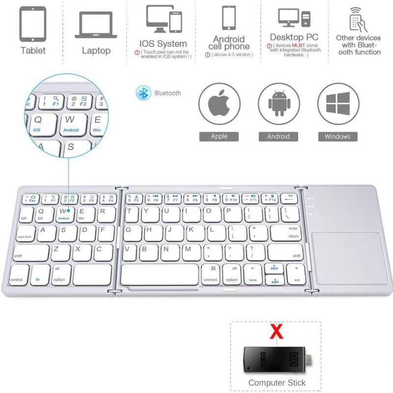 Draagbare Driemaal Vouwen Bluetooth Toetsenbord Draadloze Opvouwbare Touchpad Toetsenbord Voor Ios/Android/Windows Ipad Tablet: White