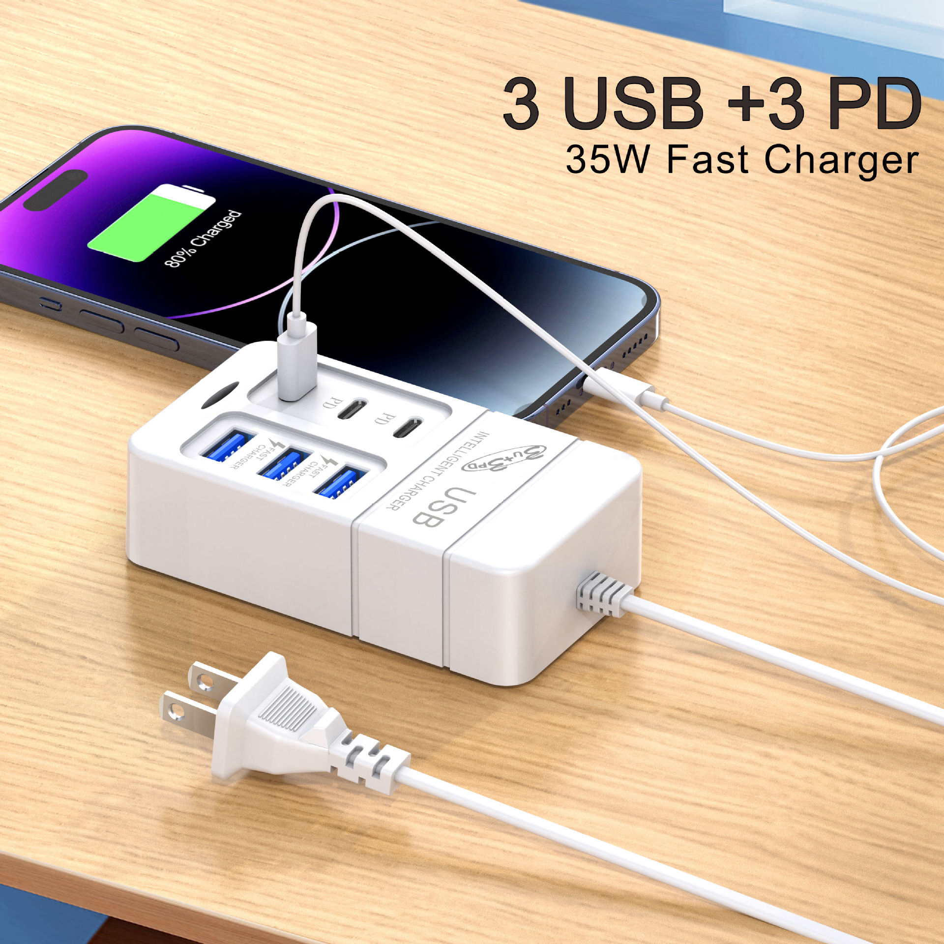 6 in 1 USB-oplader 35W PD Type C snellader oplader wandtelefoonadapter snellader 3.0 USB-hub EU-stekker US-stekker USB-oplader