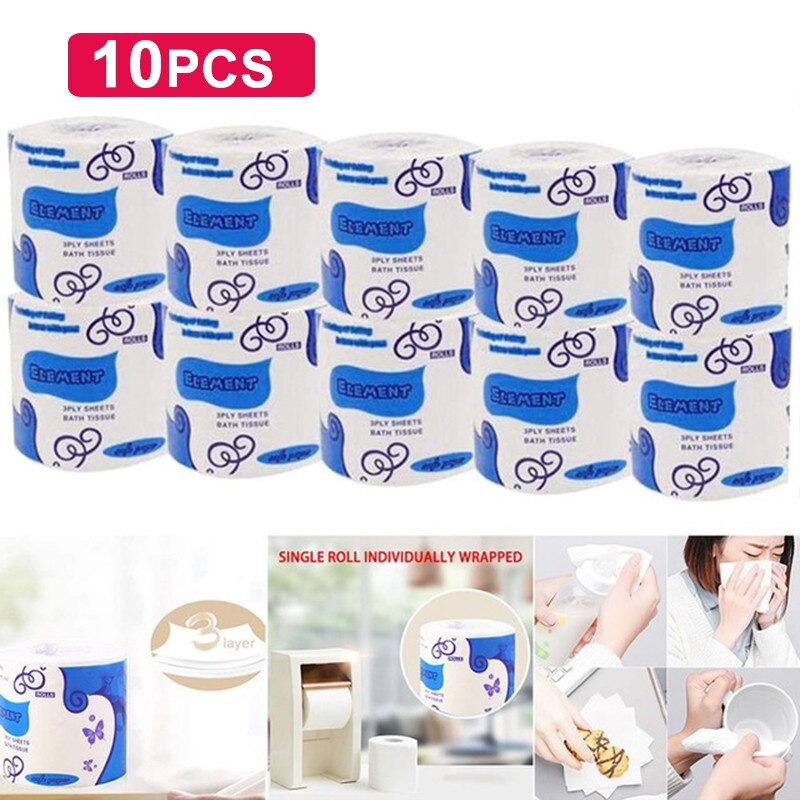 10Rolls/Pack Toilet Paper 3 Layers Roll Paper Bathroom Toilet Tissue Kitchen Cleaning Paper Wood Pulp Paper Individual Package
