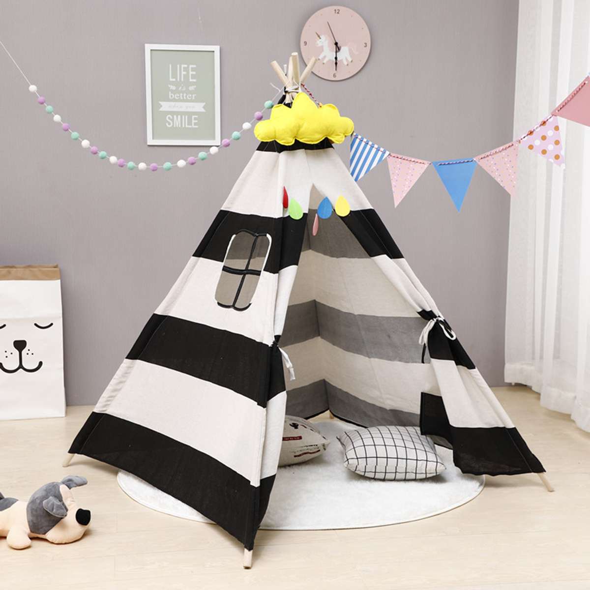 110cm Teepee Large Cotton Linen Kids Teepee Playhouse Indian Play Tent House White Children Tipi Tee Pee Tent: 3