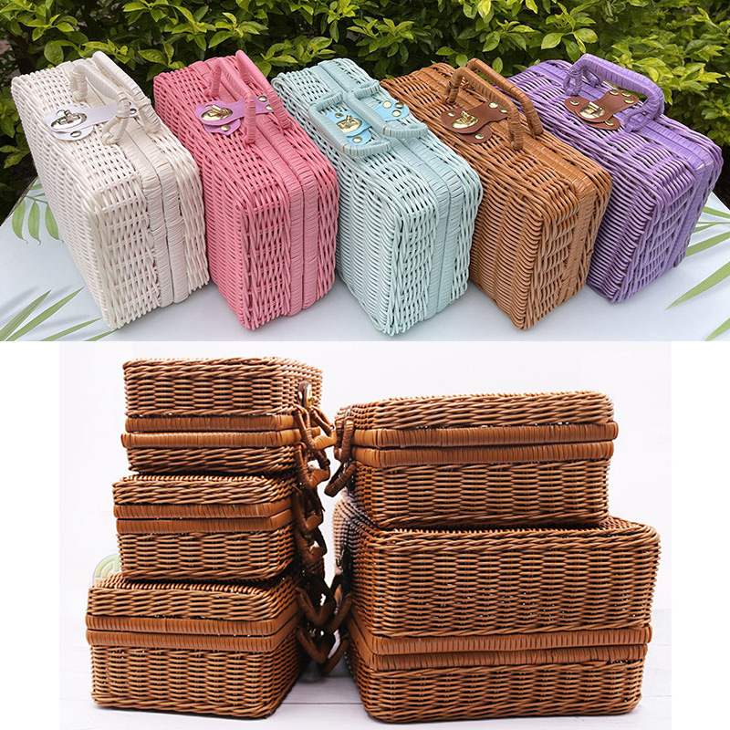 Retro Weave Rattan Storage Box Suitcase Woven Wicker Jewelry Cosmetic Storage Case Picnic Baskets Home Storage Decoration