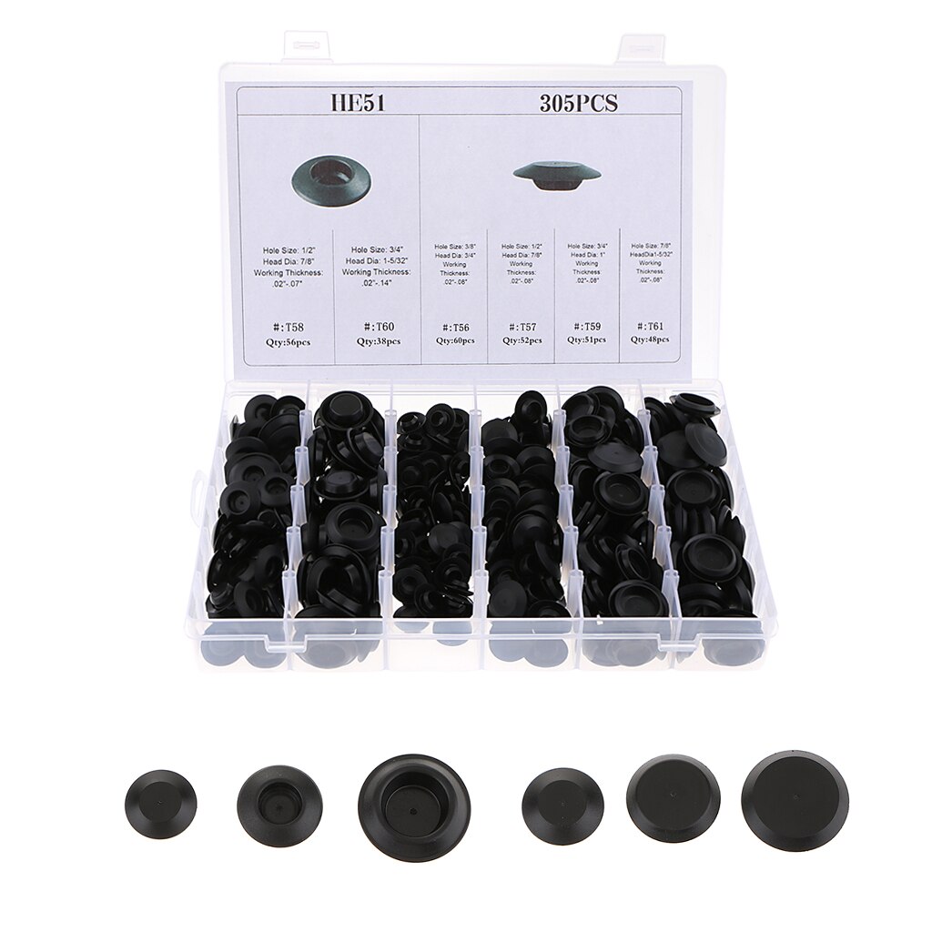 305 Pcs 6 Soorten Zwart Rubberen Pluggen Voor Inbouw Body & Plaatwerk Gaten Snap-In Blanking Plug kits