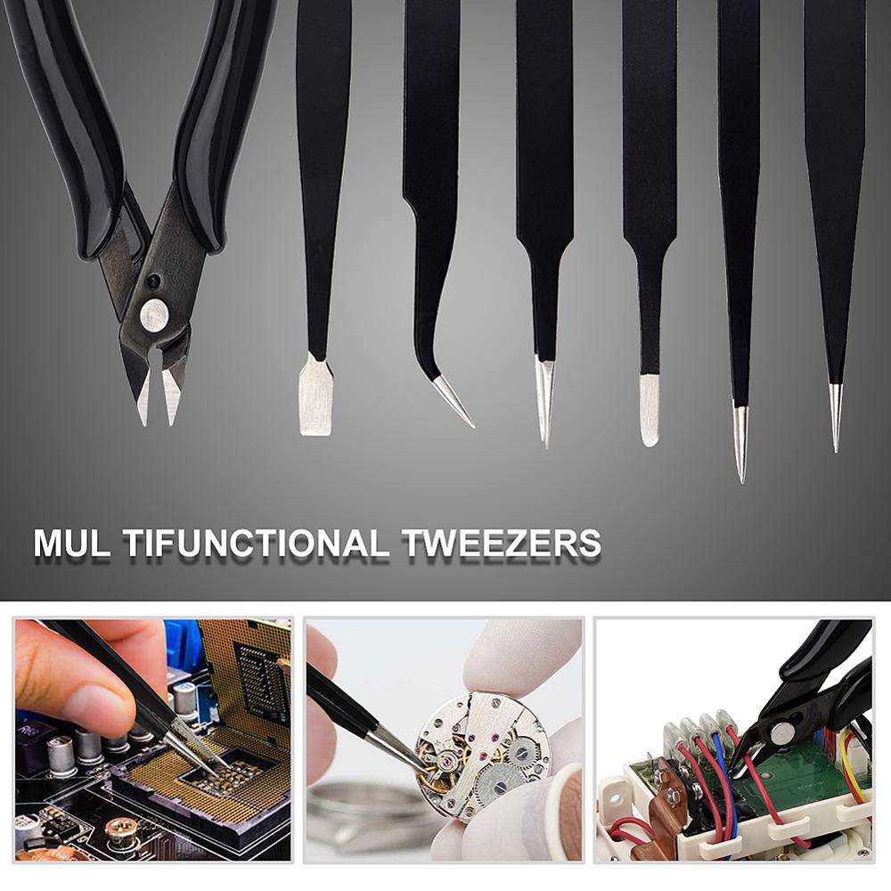 JCD Ceramic Precision Tweezers Set With Wire Stripper Cutter For Electronics Soldering DIY Cell-Phone Home Repair Tools Kit