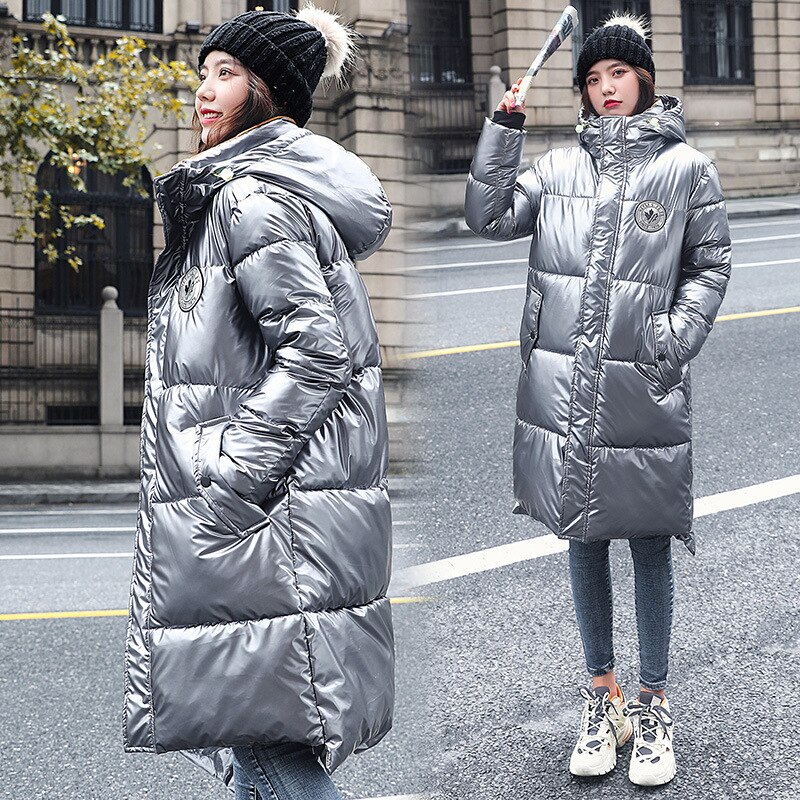 Glossy Silver Down Jackets Winter Women's Long Hooded Coat Parkas Thick Winter Jacket Women Outwear Oversized