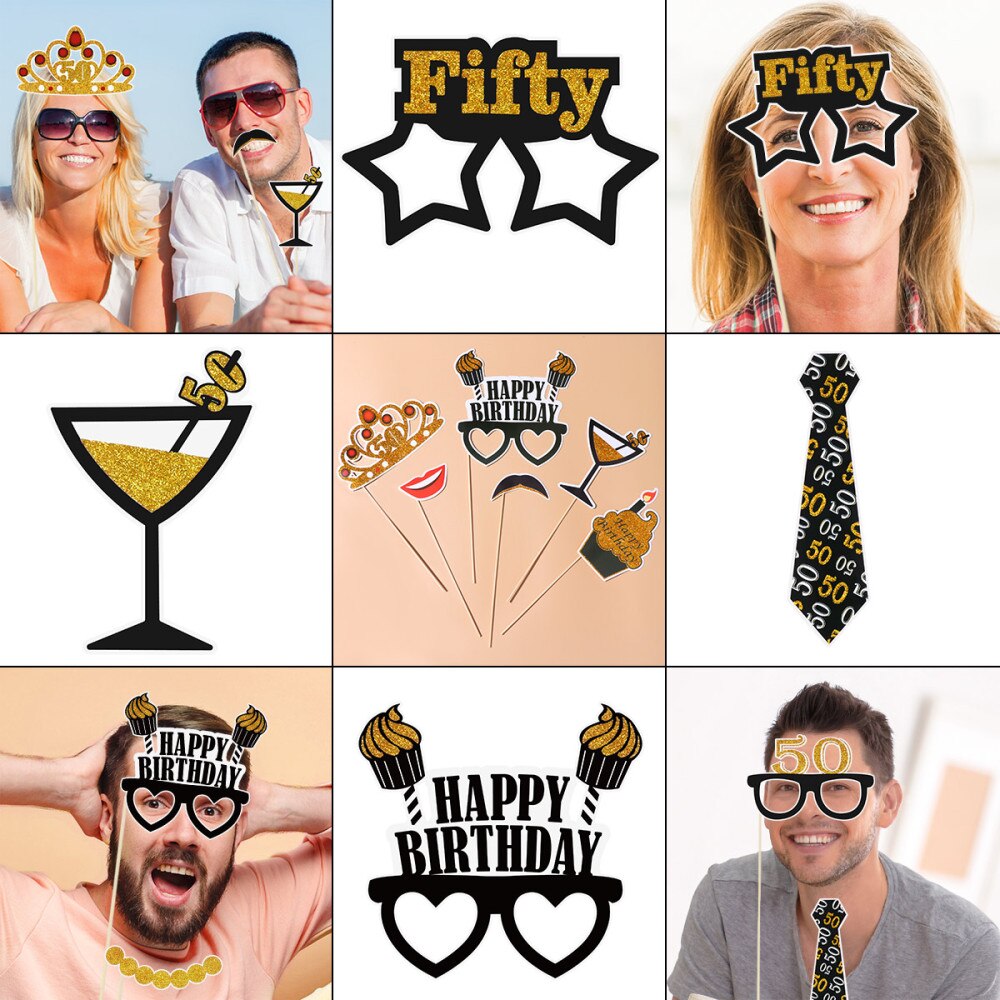 Amosfun-atrezo para fotografía de para adultos, conjunto de oro negro, Decoración de cumpleaños, 50 ° cumpleaños, 21 Uds.
