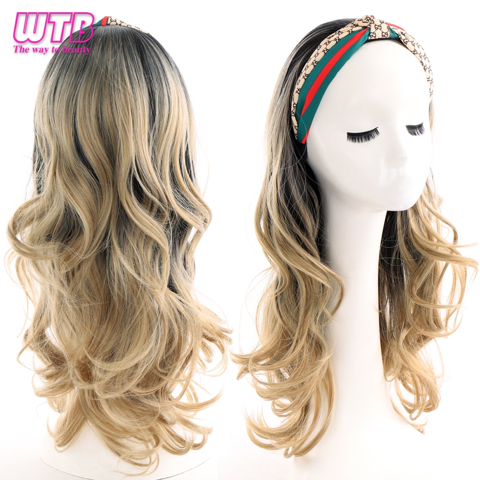 Wtb Synthetische Lange Golvende Haarband Pruik Geïntegreerde Haarverlenging Zwart Blond Ombre Haarstukjes Voor Vrouwen Hoofdband Pruik