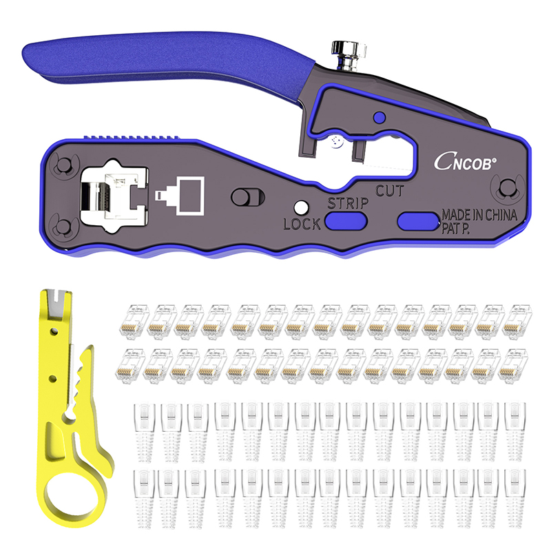 CNCOB RJ45 Network Crimping Tool Cat6 Cat5 Ethernet Cable Pass Through Crystal Head Stripping Pliers Crimper Set: CN-168 Set