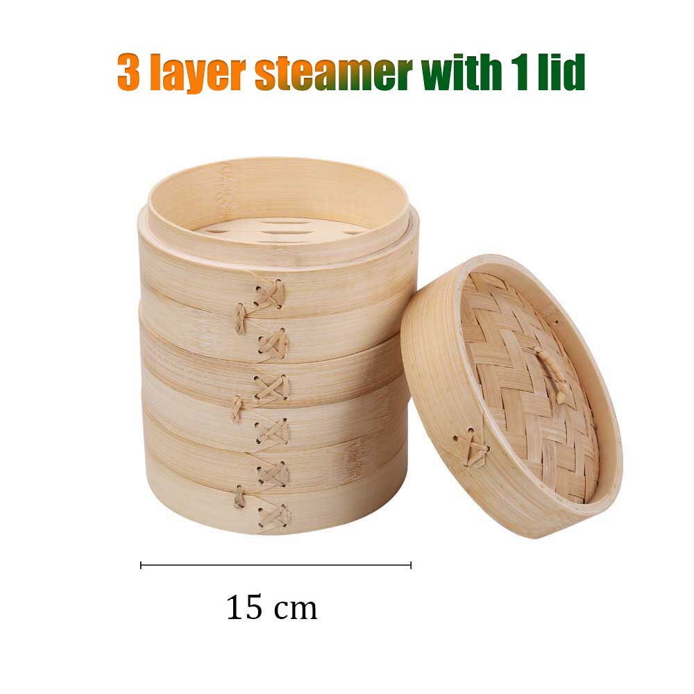 Bambus Dampf Dampfer Herd Korb Knödel Dim Sum Frühstück Gedämpfte Brötchen Knödel Eier Fisch Home Business Verwenden Hand Poliert: 15cm 3steamer 1lid