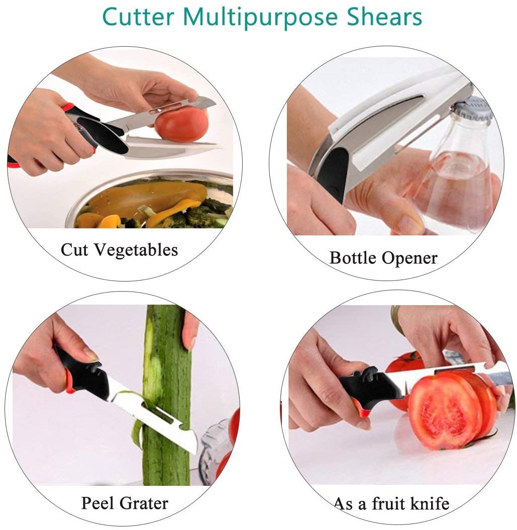 Tijeras de cocina de acero inoxidable 2 en 1, tabla de cortar, picadora inteligente para frutas y verduras, cortador multifuncional, picadora de alimentos