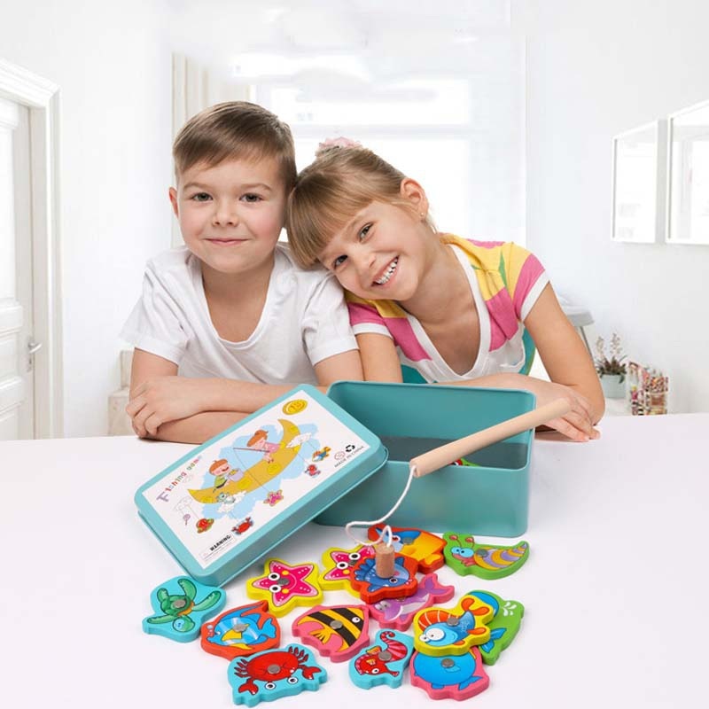 Baby Educational Toys 7-15Pcs Fish Wooden Magnetic Fishing Toy Set Fish Game Educational Fishing Toy
