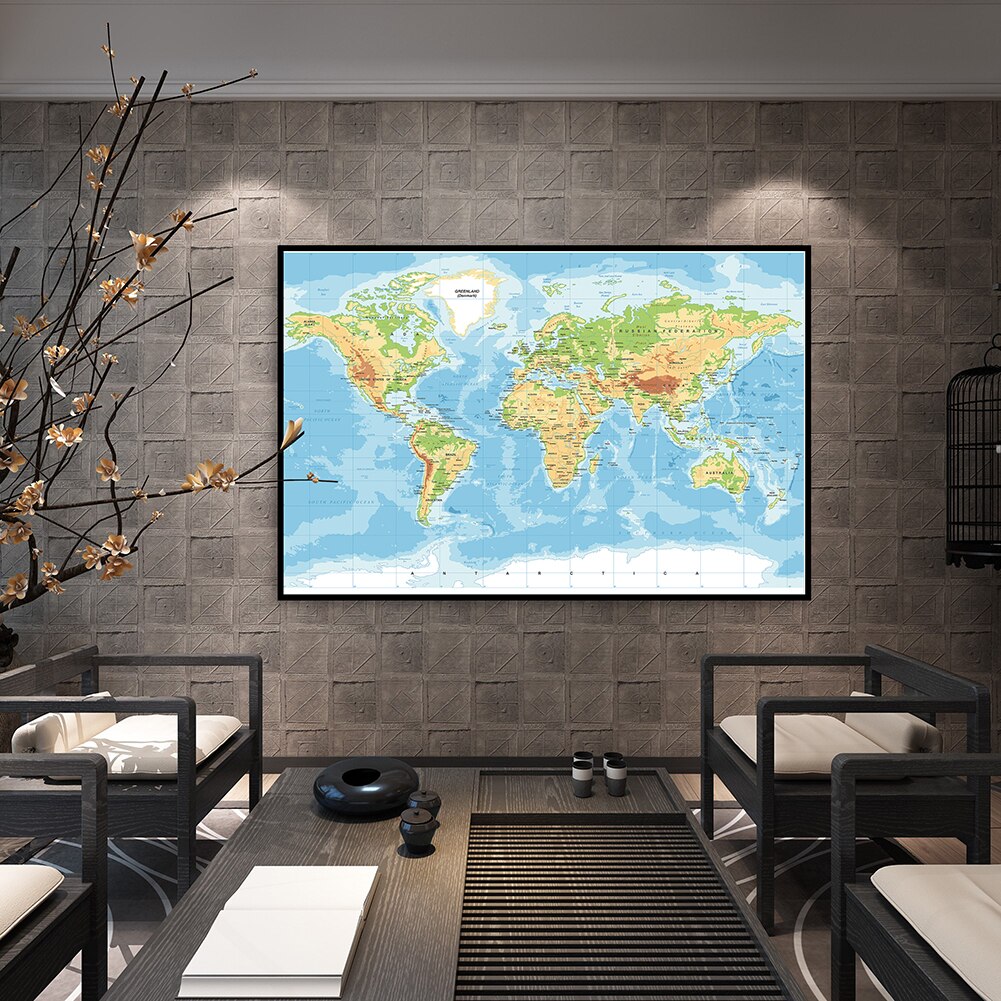 80*60cm The World Terrain Map Spray Canvas Painting Wall Art Poster School Supplies Living Room Home Decoration