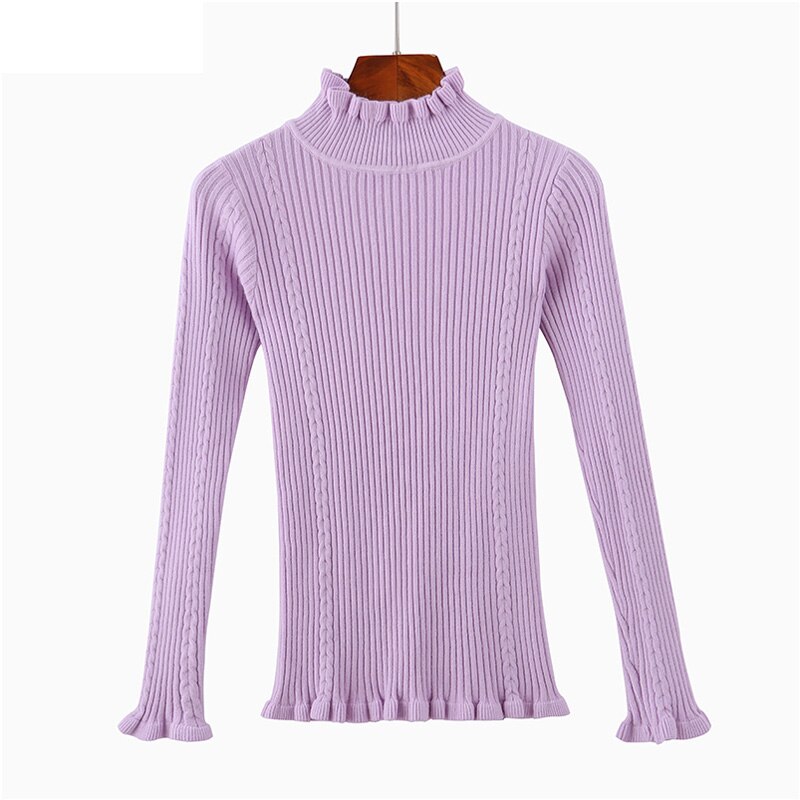 Wood Ears Turtleneck Solid Cotton Knitted Autumn Sheath Purple Sweater Women Long Sleeve Winter Casual Slim Pullover Tops: Lavender