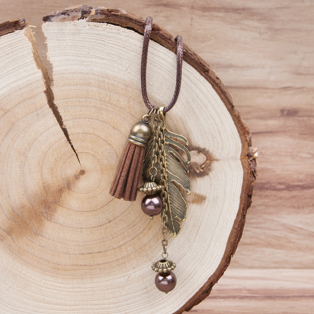 Doreen Box Handmade Tassel Pendant Necklace Feather PU Necklace Link Chain Bronze 46.5cm long brown 1 Piece for women