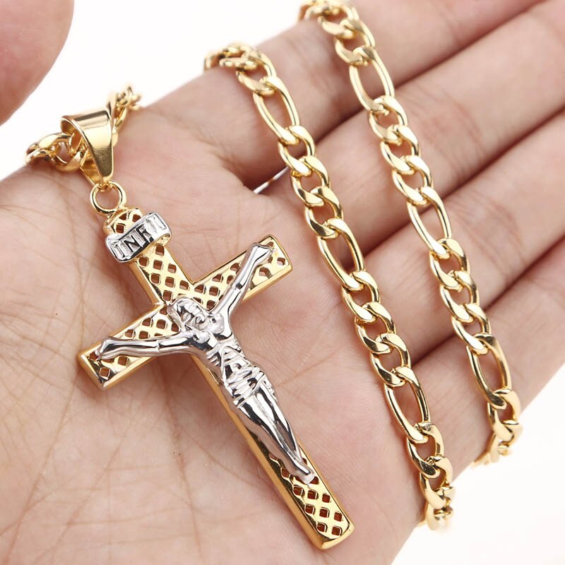 Witaya Jesus Cross Hanger Ketting Gouden Ketting Rvs Hollow Religieuze Cross Hangers & Kettingen Voor Mannen Sieraden: Default Title