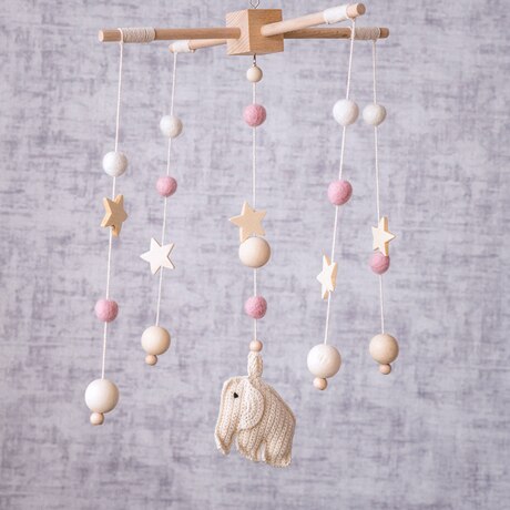Baby Rattles Mobile Wooden Beads Trojan Wind Chimes Baby Toys For Kids Room Bed Hanging Decor Tent Decor Photography Props: Beige elephant