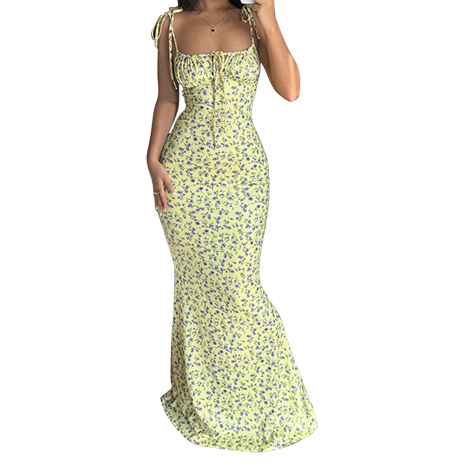 Sexede kjoler med spaghettistropper til kvinder, blomsterprint med snøre, slim fit og lange bodycon-kjoler, perfekt til sommer og forår: L / Blå