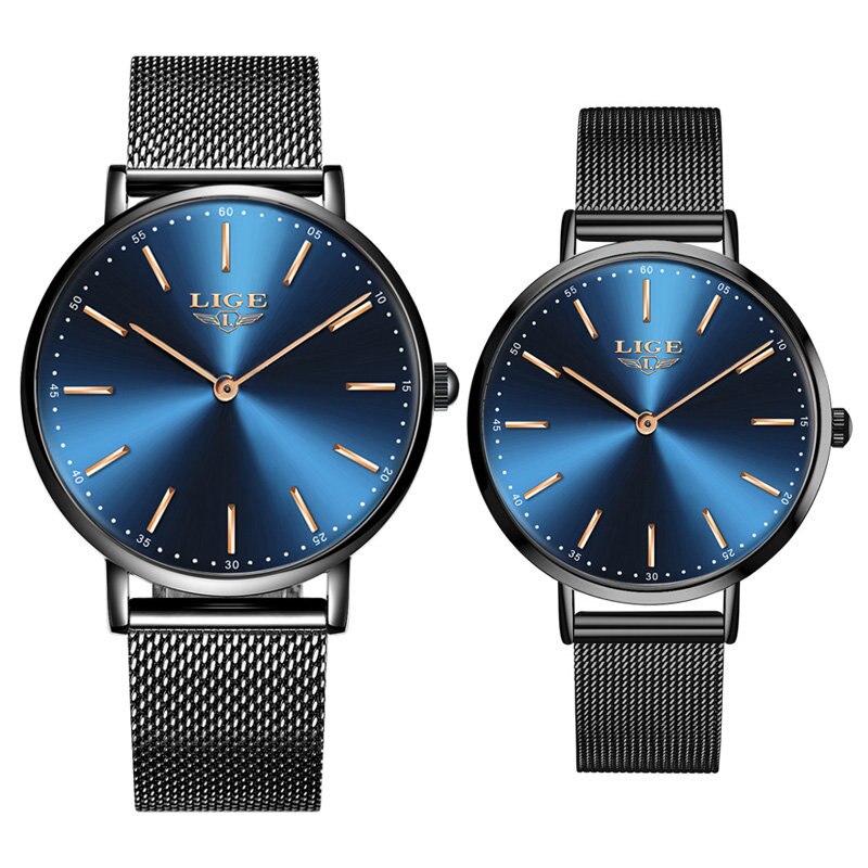 Par ure til elskere lige top mærke luksus kvarts ur vandtæt armbåndsur afslappet damer ur par kærlighed: Sortblå