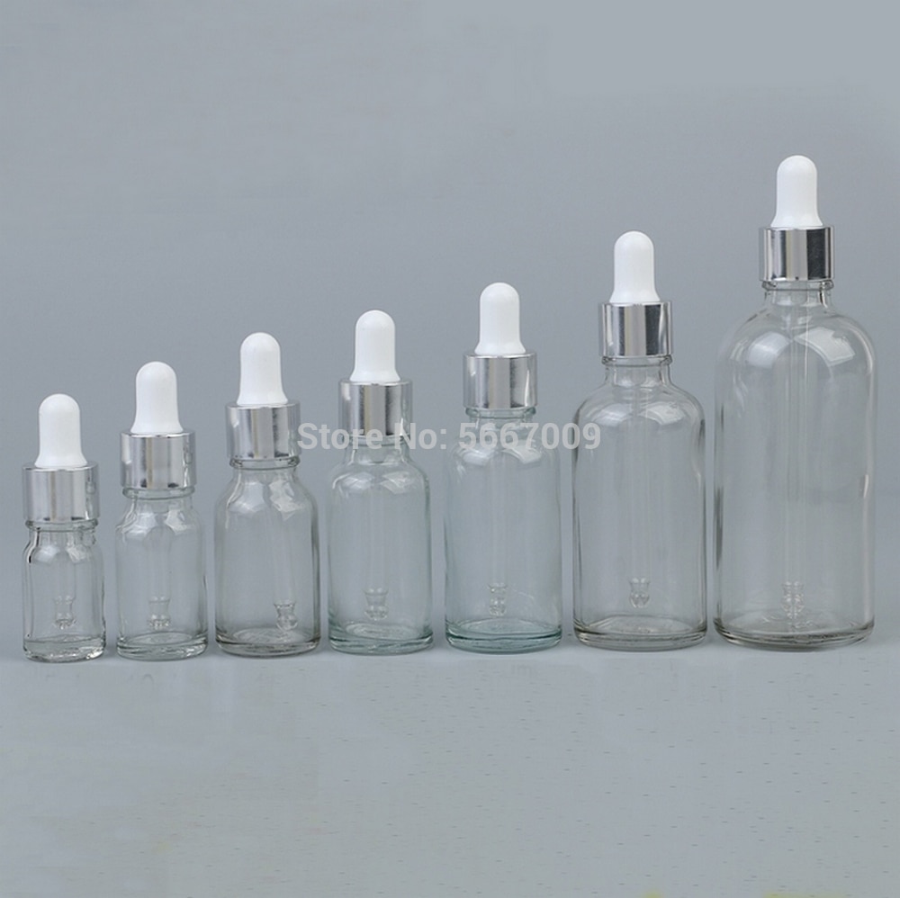 10 stk / lot 5ml to 50ml laboratorieklar, rund glasglasraffineret olieflaske med glasdråber sølvcirkel til skoleeksperiment