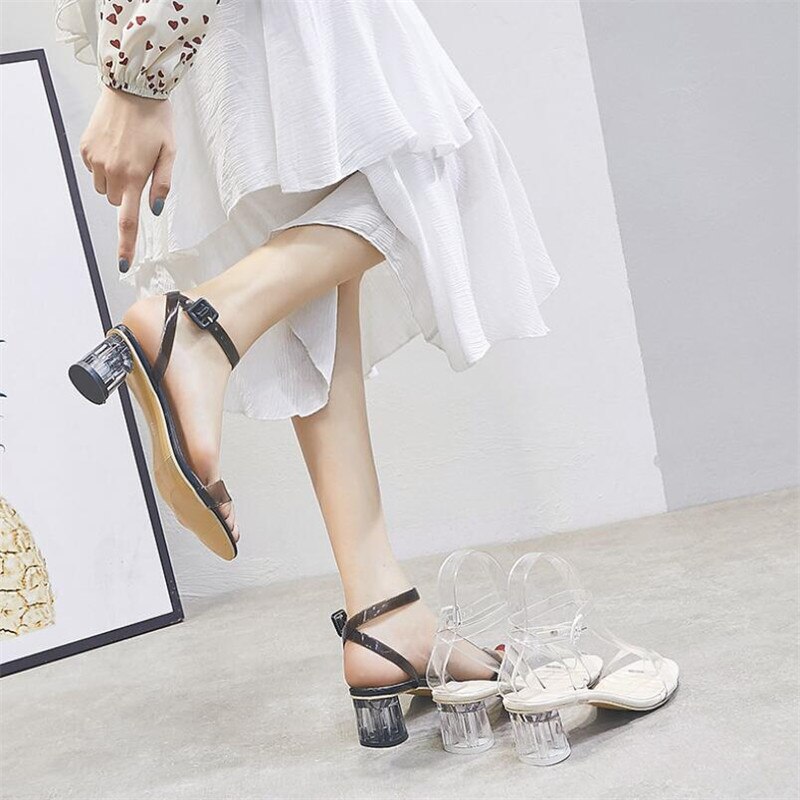 Women Sandals Ankle Strap Perspex High Heels PVC Clear Crystal Concise Classic Buckle Strap Shoes size34-40