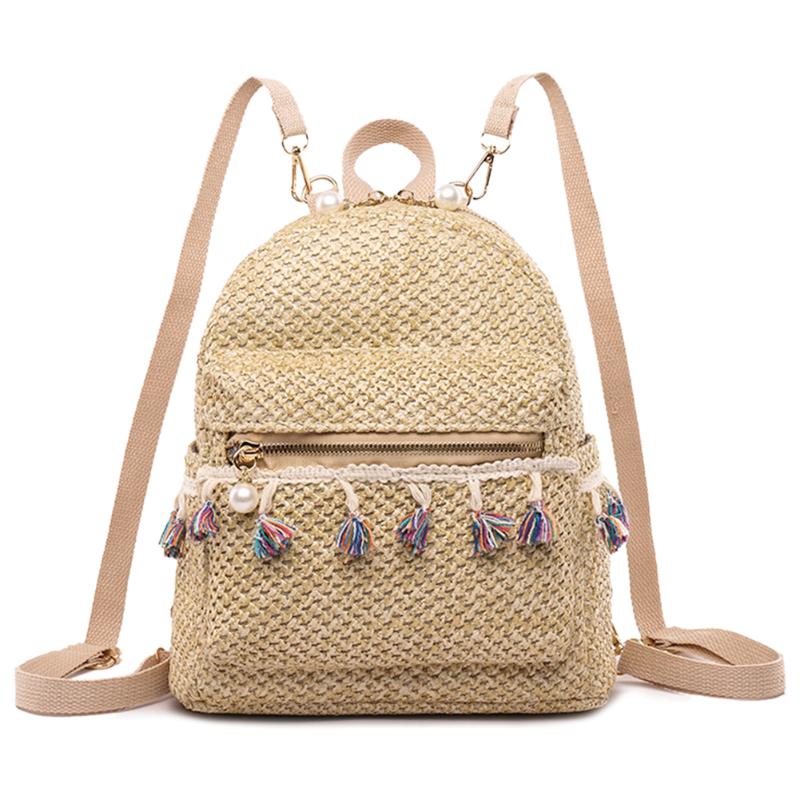 Donne Zaino Ragazze Adolescenti 2020 Spiaggia di Estate Della Paglia Tessuto Nappa Backpackk Femminile casual Spalla del Sacchetto di Scuola: Light Brown