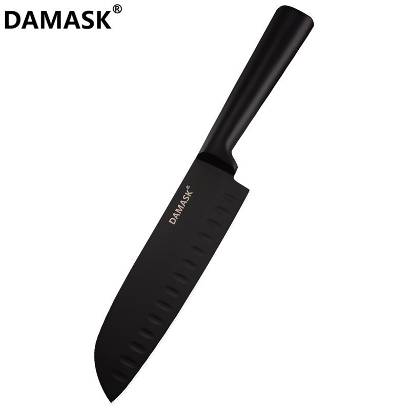 Damask sort rustfrit stål køkkenkniv belægning non-stick skarpt blad kokkeknive letvægts håndtag køkkenkniv sæt: 7 tommer santoku