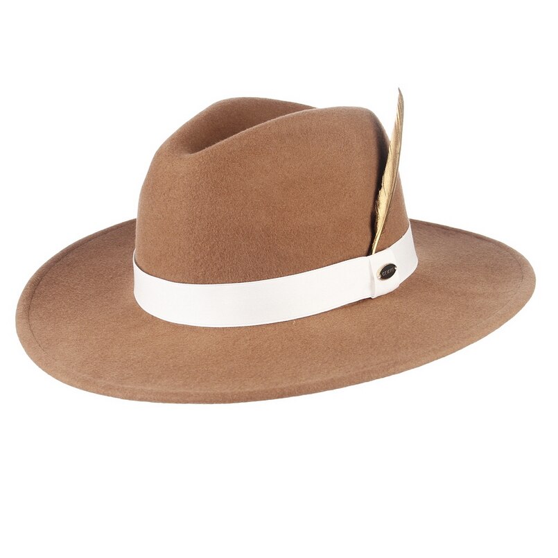 Gemvie stiv bred skygge 100%  uld fedora filthat til kvinder mand stribet fjerbånd efterår vinter panama jazz kasket: Kamel