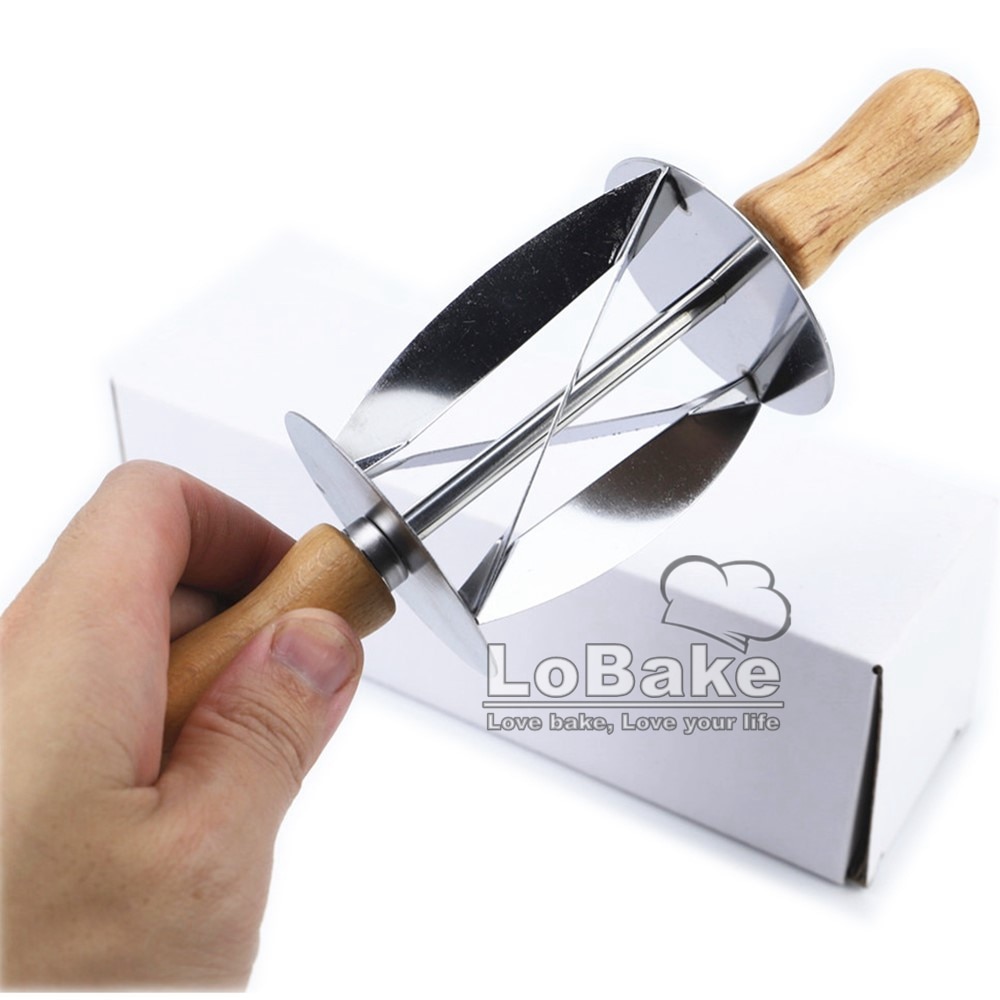 Mini 20cm long stainless steel croissant maker trigon round rolling knife dough cutter pizza roller wooden handle DIY baking