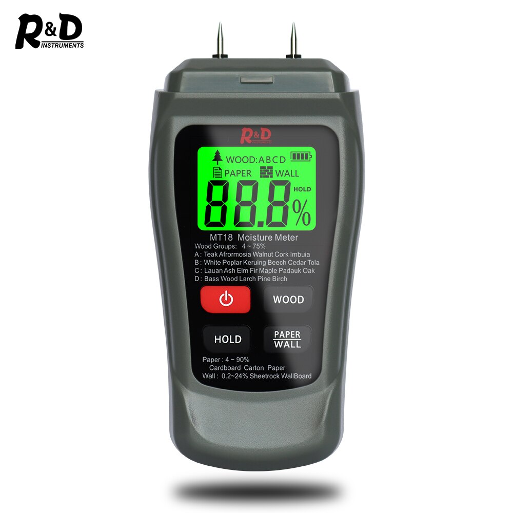 Medidor de humedad de madera, higrómetro de pared de papel, Detector de humedad de madera, probador de densidad de árbol gris, MT-18 R &amp; D,