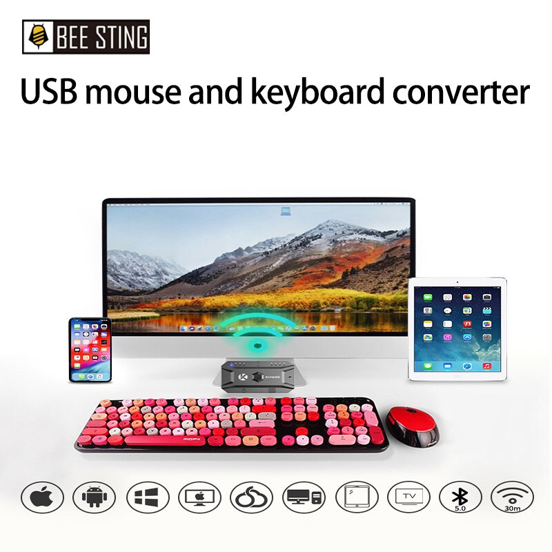 Convertidor USB para teclado y ratón, dispositivo con Bluetooth 5,0, de cable a adaptador inalámbrico, compatible con 8 dispositivos para tableta, ordenador portátil, PC, móvil, Hub USB