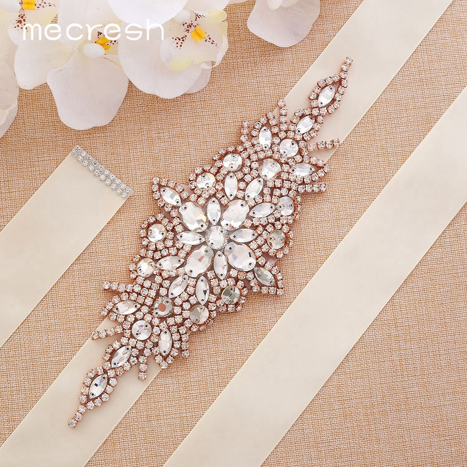 Mecresh Rose Goud Kleur Crystal Bridal Lint Belt Sash Voor Trouwjurk Handgemaakte Bloem Wit Zwart Satijn Bruid Riem MYD024