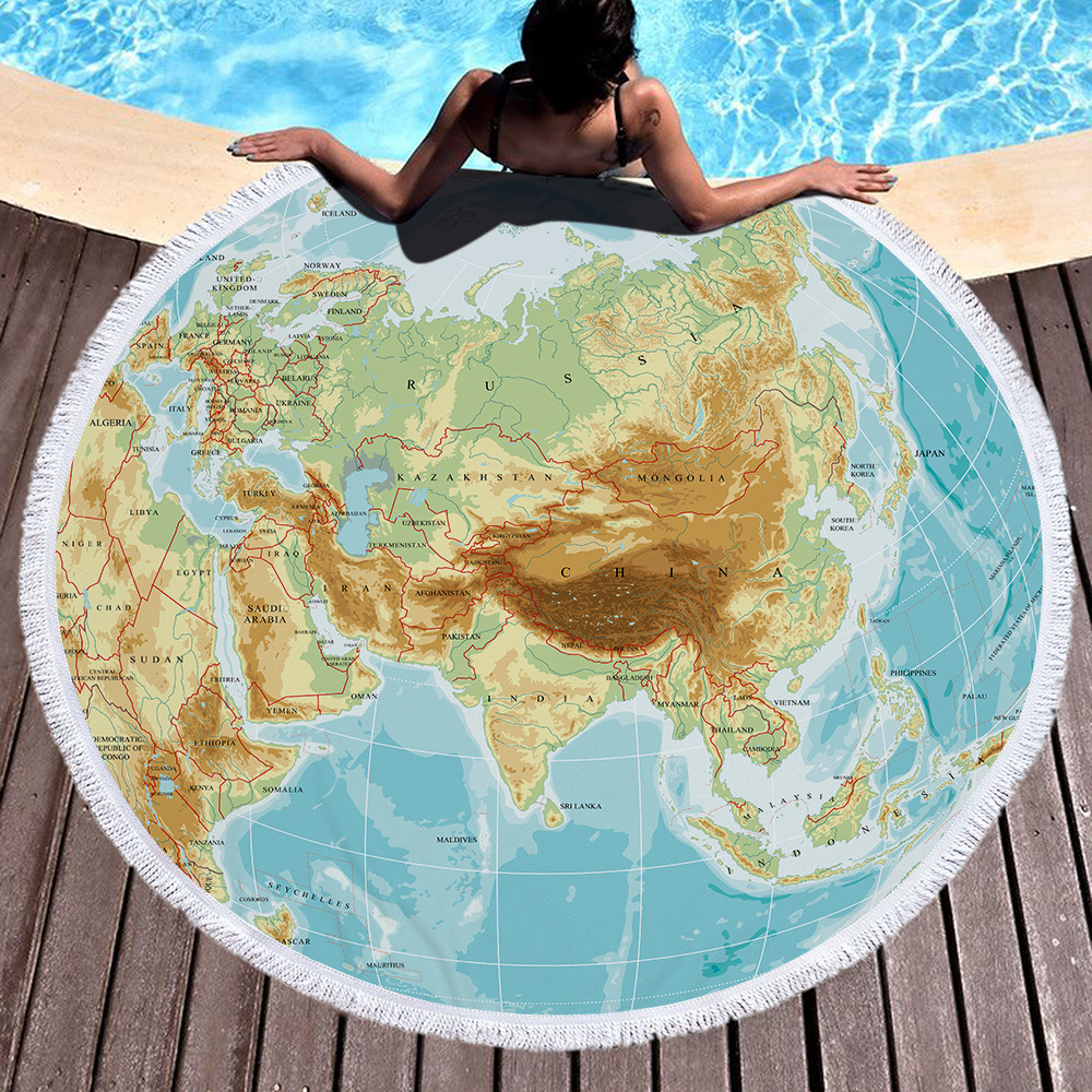 World Map Printed Large Beach Towel Microfiber With Tassels Circle Summer Towel Blanket Serviette De Plage