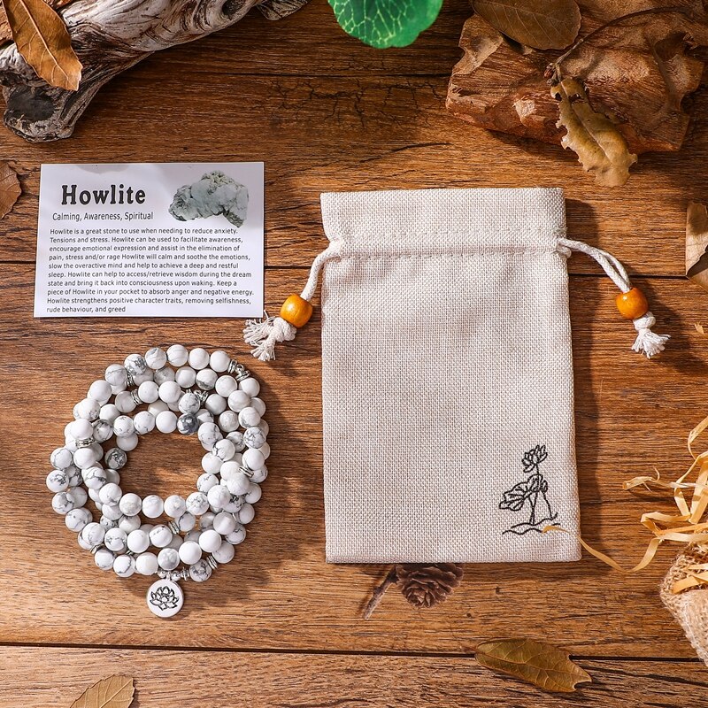 108 Mala Kralen Armband Voor Vrouwen Howliet Natuursteen Met Lotus Om Boeddha Charm Yoga Sieraden: Lotus