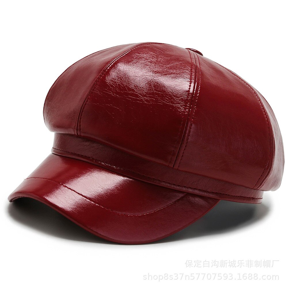 HOAREE rouge casquette gavroche femmes Vintage en cuir Pu automne hiver chapeaux pour femmes solide dames béret femme octogonale chapeau: Rouge