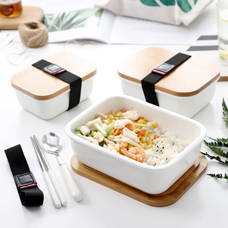 Fiambrera Microwavable de bambú de cerámica Bento caja de Aislamiento térmico de alimentos contenedor de almacenamiento Crisper