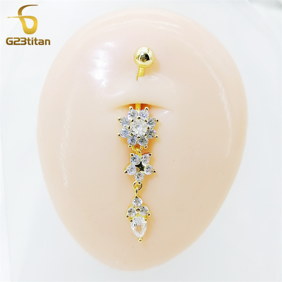 Anillo de cristal G23titan para uñas en el ombligo, 14G, barra de titanio, flor colgante, Piercing para el cuerpo, anillos para el ombligo, joyería para el cuerpo para hombres y mujeres