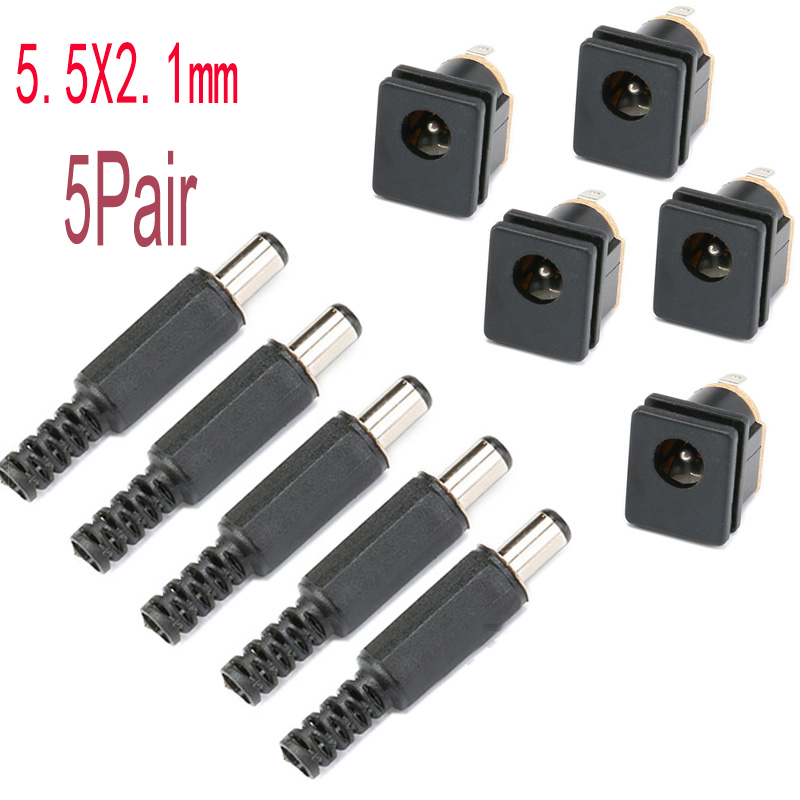 10Pcs DC 5.5x2.1mm 3.5x1.3mm 2.1 2.5 Connectors DC Power Plug Male Female Jack Socket Nut Panel Mount DC Power Adapter Connector: black