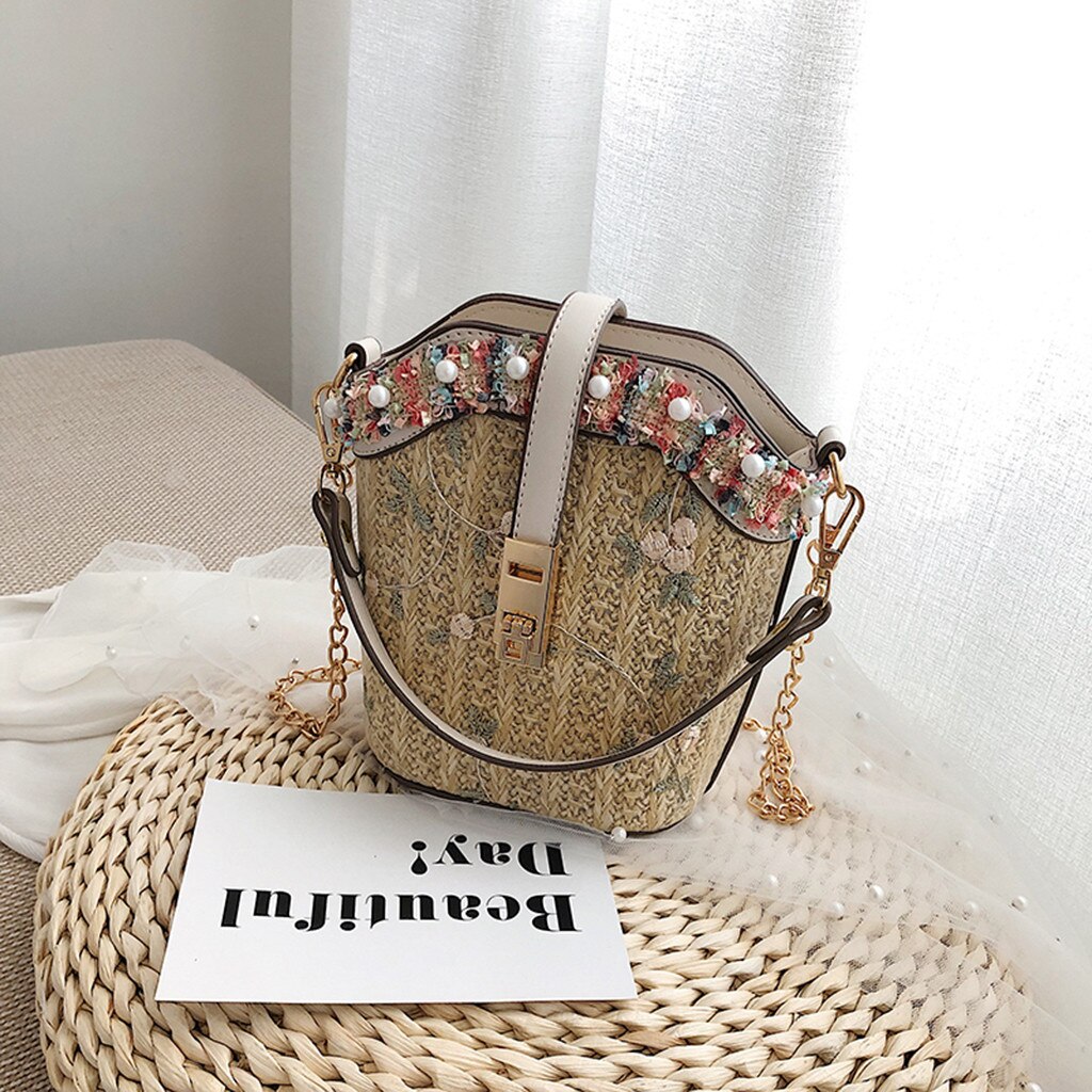 Summer Bag With Flowers Women Csual Beach Vacation Simple Lace Embroid Straw Bucket Bag Burlap Square Bag Messenger Bag