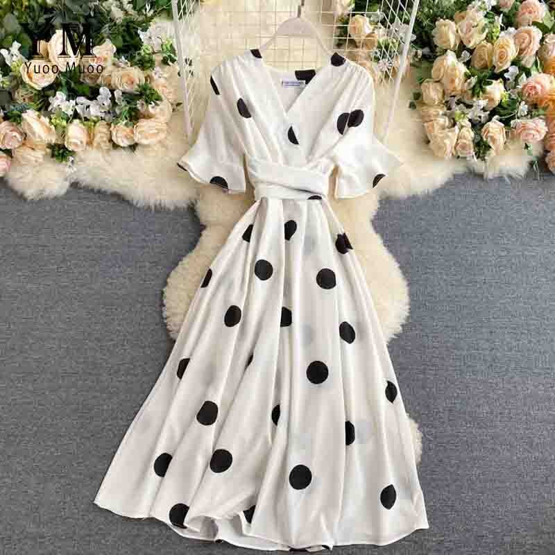 YuooMuoo-robe à bandes, tenue Vintage, à pois, col en V, tenue de soirée, tenue élégante, rouge, été: WHITE