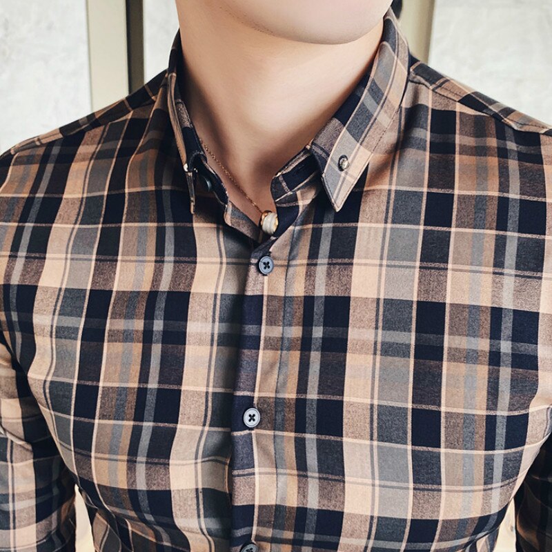 Lente geruite overhemden heren slank lange mouwen klassieke britse stijl casual formeel zakelijk overhemden heren jurk sociaal chemise homme