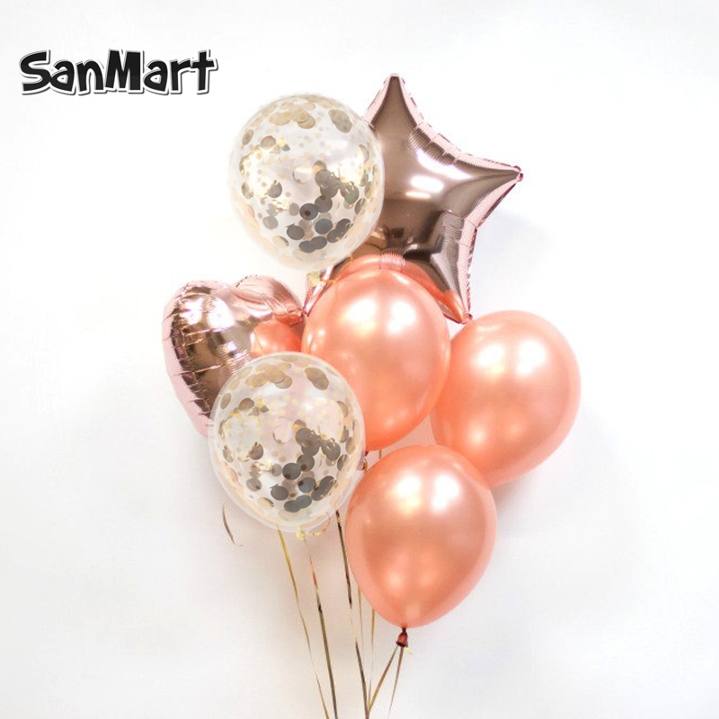 Rosa gull rundt hjerte ballong bursdagsbukett konfetti diy papir fest globos kjærlighet bryllup bursdagsfest dekorasjoner ballonger
