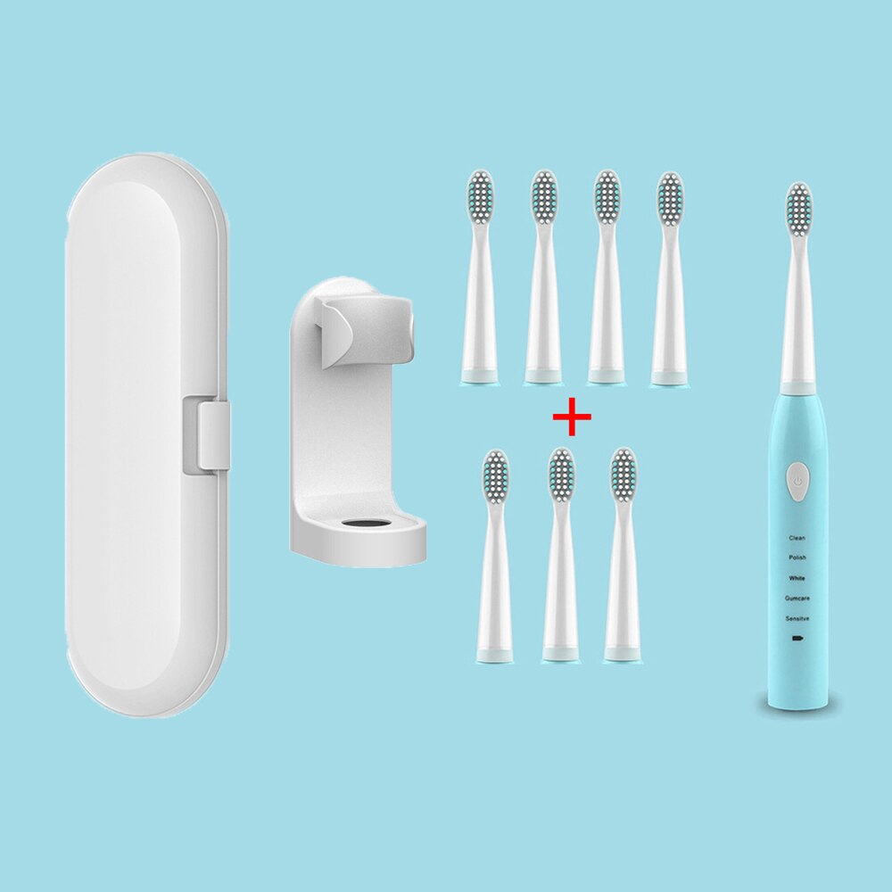 Ultra Schall- Schall- Elektrische Zahnbürste Wiederaufladbare Zahn Pinsel Waschbar Elektronische Bleichen Zähne Pinsel Erwachsene Timer Zahnbürste: Blau 8 Kopf einstellen