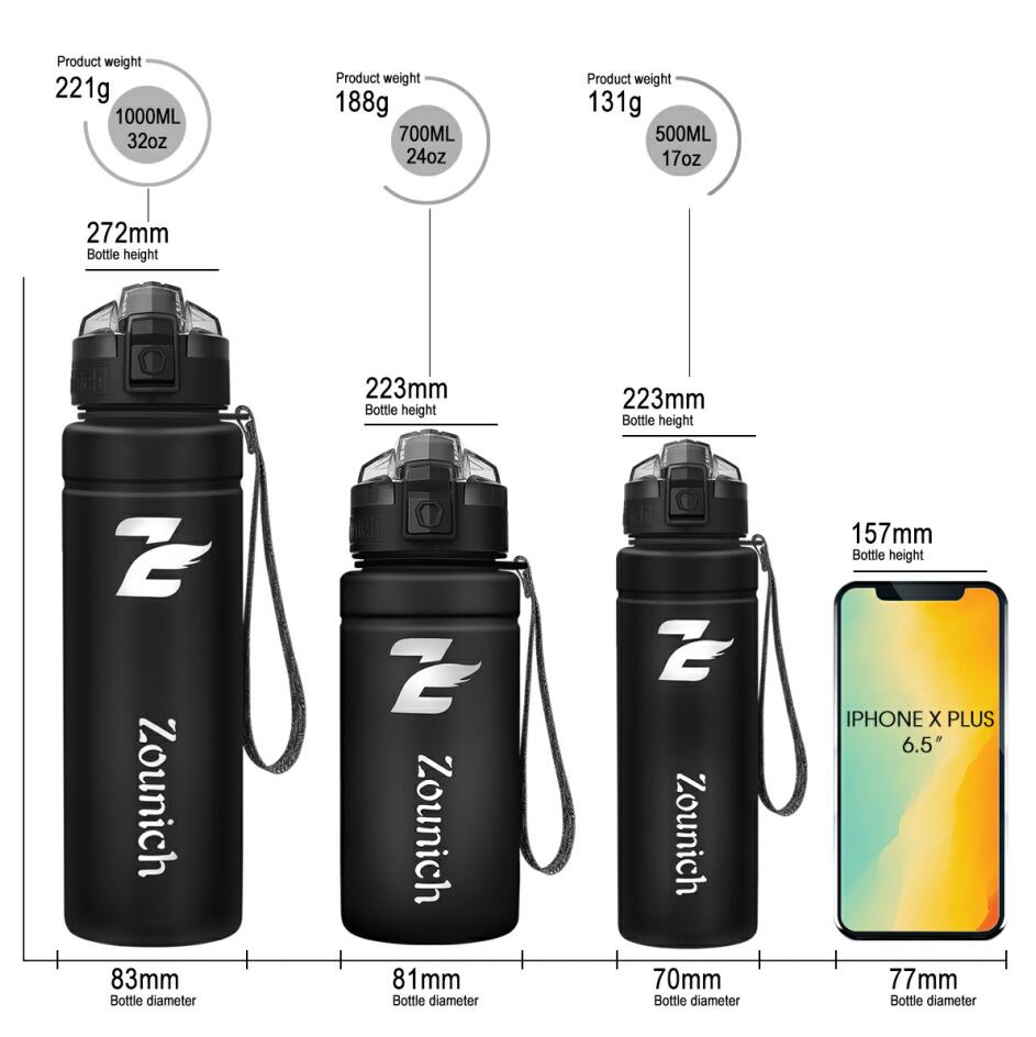 Reise flasker lekkasjesikker plast vannkoker 700ml bpa gratis sport vannflasker protein shaker utendørs tritan plast drikkeflaske: Svart