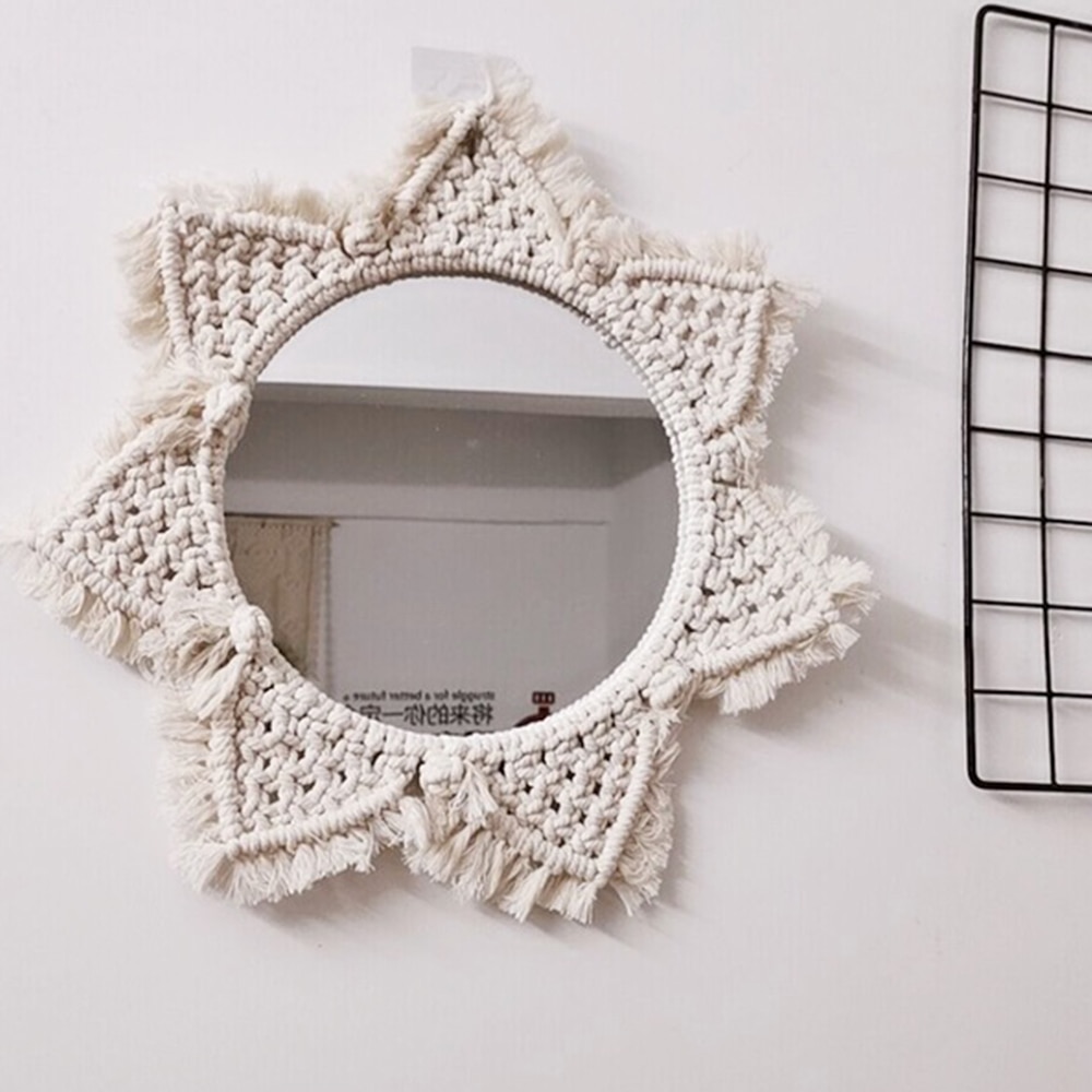 Macrame espelho artesanal tapeçaria maquiagem espelho charme iluminado compacto casa quarto decorativo parede pendurado espelhos decoração da sua casa