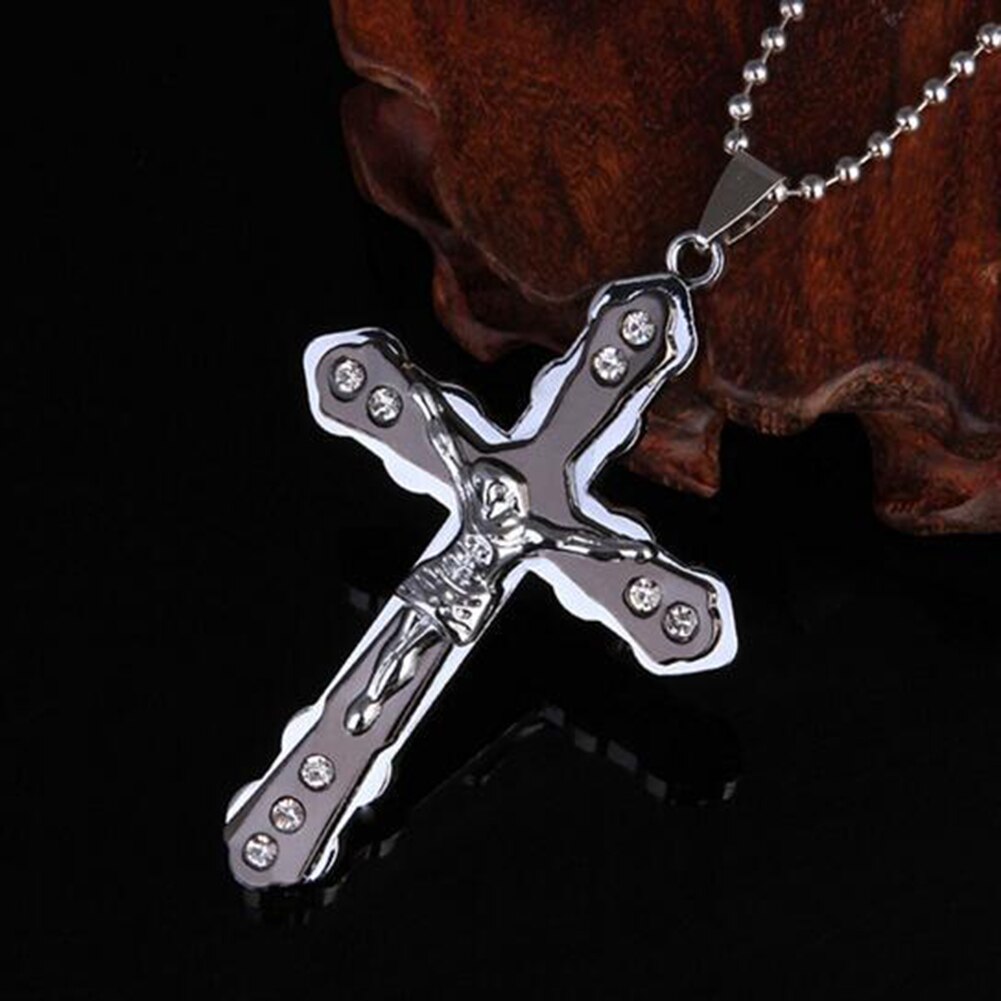 Legering guld färg kors hänge halsband jesus kors strass inlagt hänge halsband män religiös tro smycken