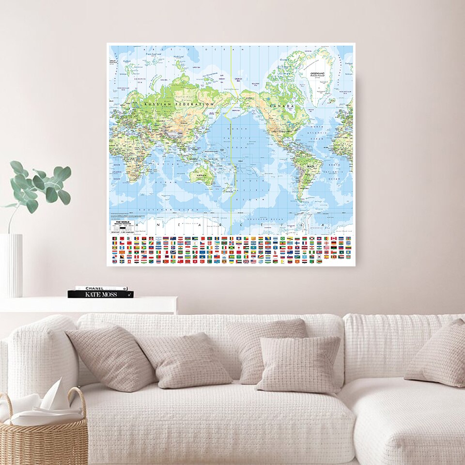 90*90cm The World Orographic Map with National Flags Non-woven Canvas Painting Wall Poster Home Decoration School Supplies
