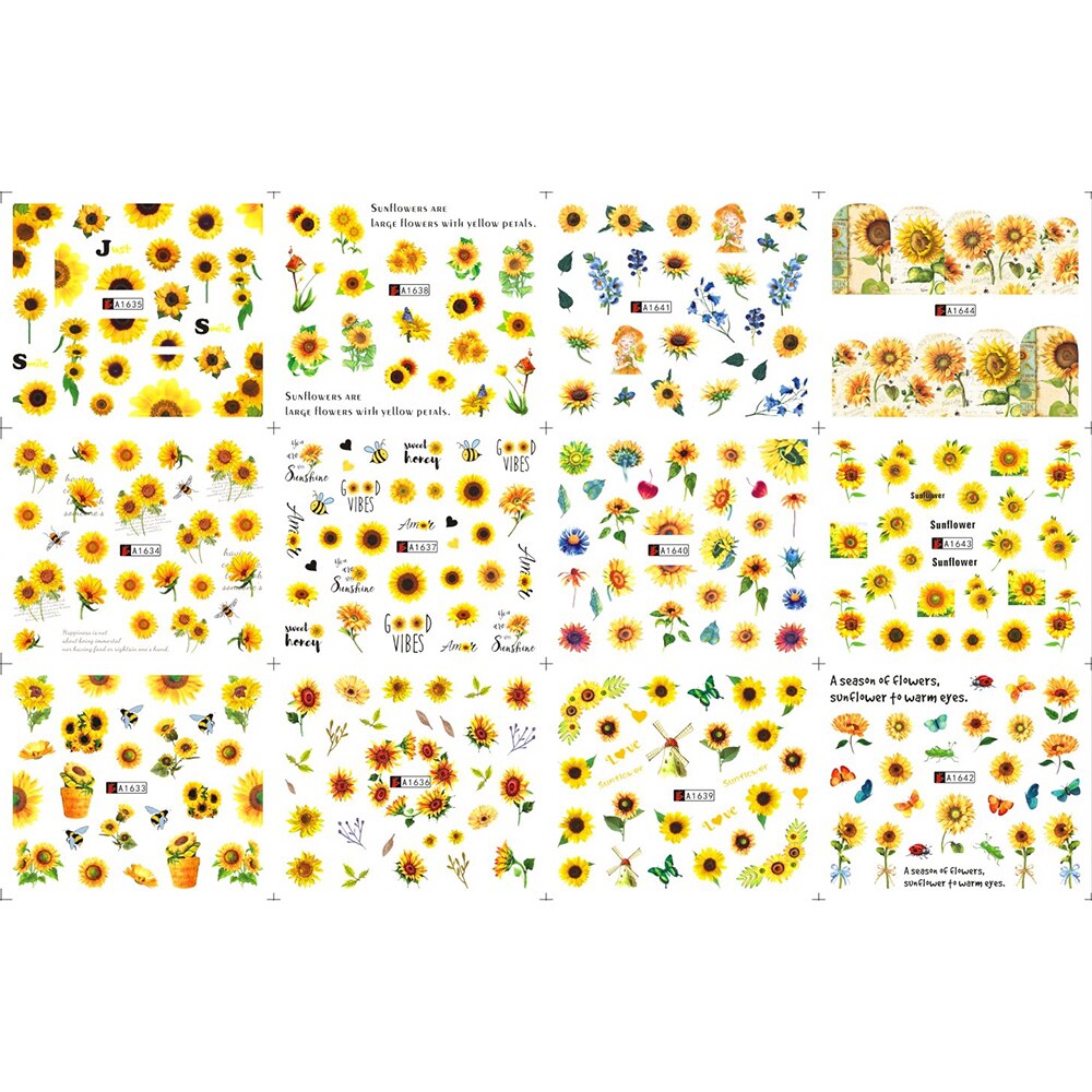 12pcs Spring Flower Nail Stickers Sunflowers Deisgn Water Transfer Decals DIY Nail Art Watermark Manicure Manicure Decor