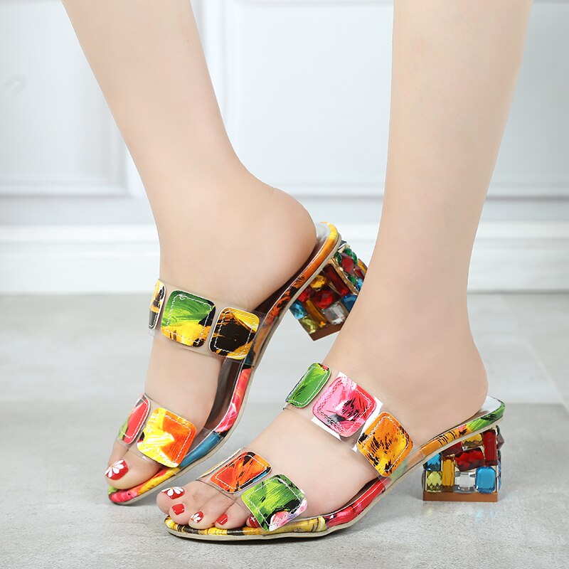 Lucyever Zomer Vrouwen Multi Kleuren Sandalen Mode Hoge Hakken Open Teen Strand Slippers Dames Crystal Hak Schoenen Vrouw