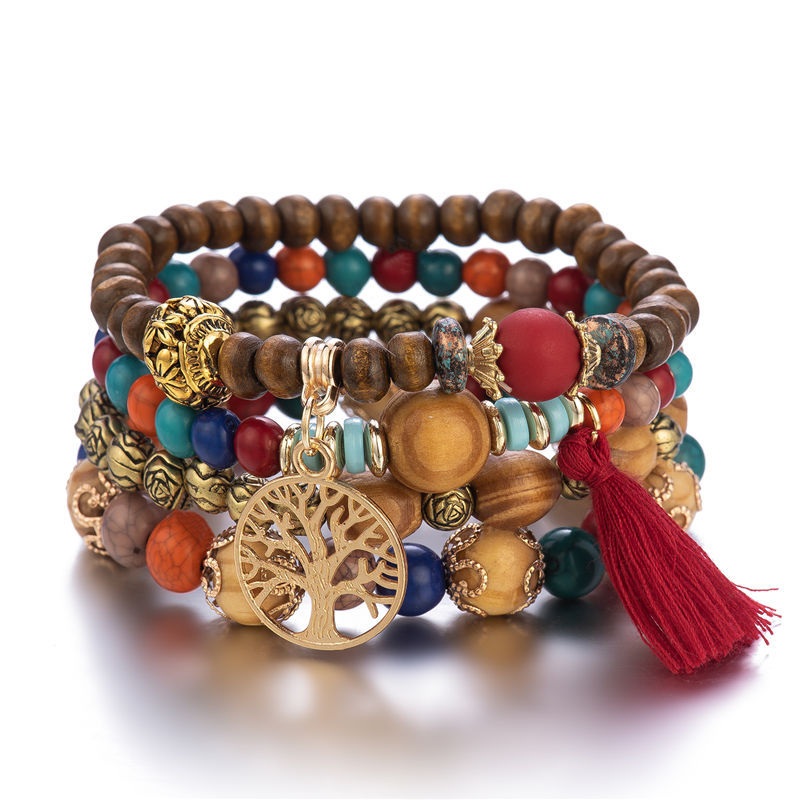 4 pçs/set boho conjunto de pulseira de madeira frisado para mulheres árvore da vida borlas brancas charme elástico corrente pulseira senhora bohemia jóias: Cor dourada amarelo claro