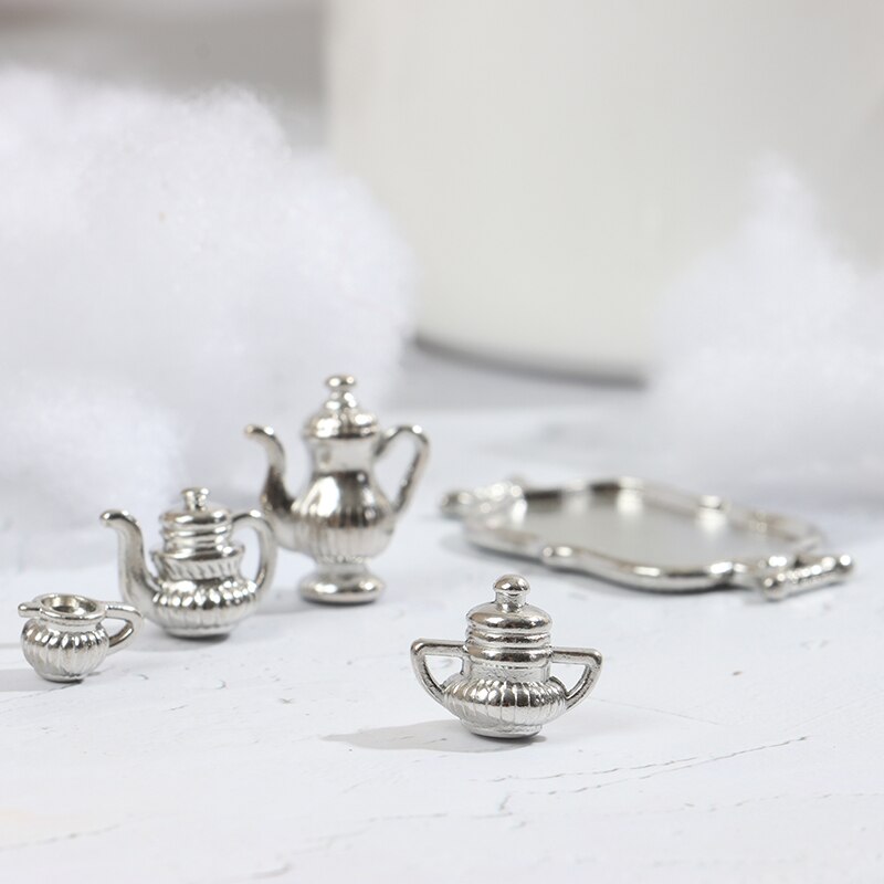 5pcs/Set Dollhouse Miniature Silver Metal Kitchen Coffee Tea Set Pot Flagon Plate Doll House Decor Accessories Ornaments