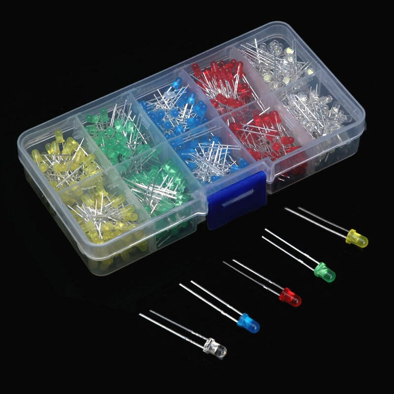 Caja de luz LED de 3mm, Kit de diodos surtidos de bricolaje, 5 colores variados, 500 Uds.